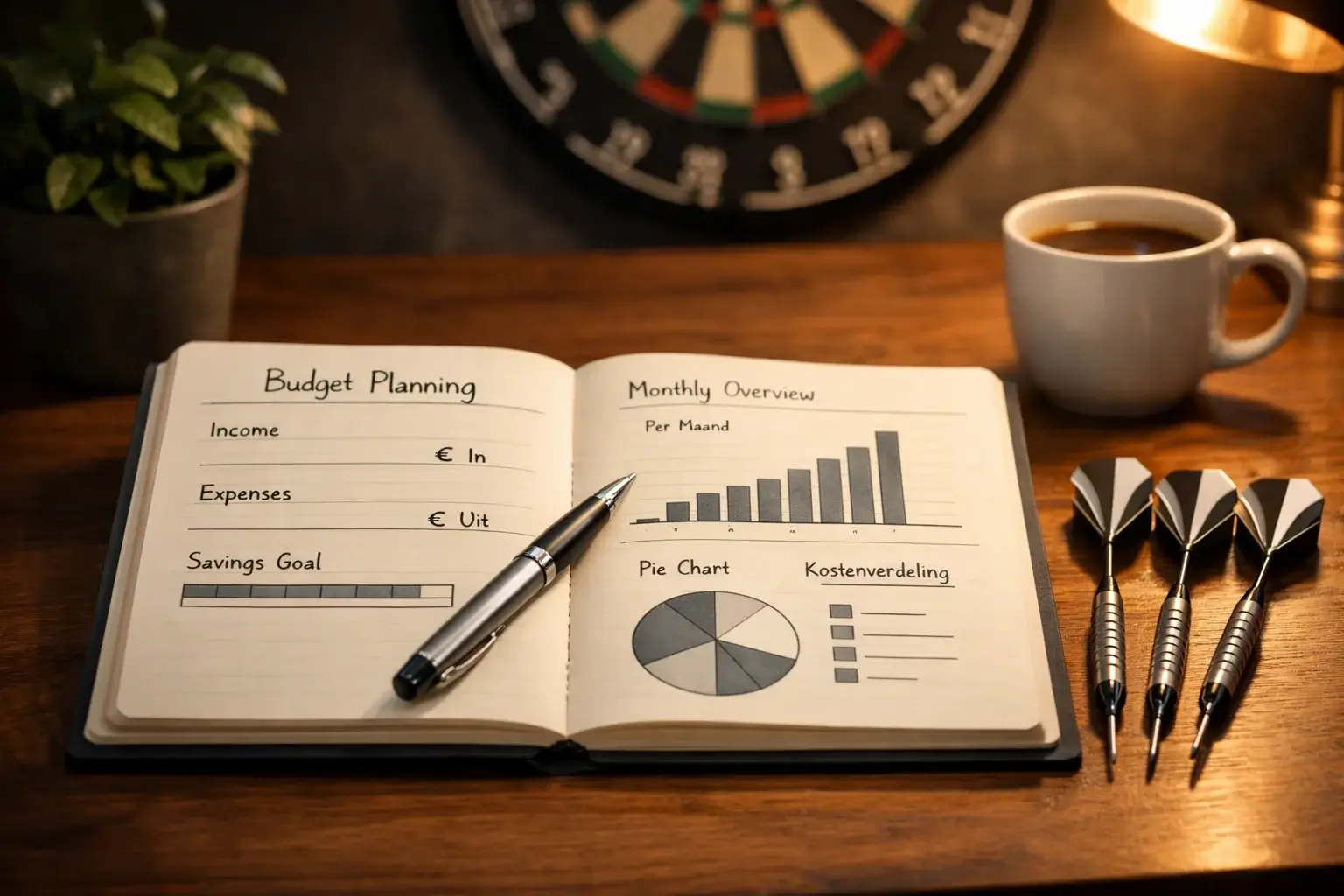 Georganiseerde werkplek met notitieblok en dartpijlen voor bankroll planning