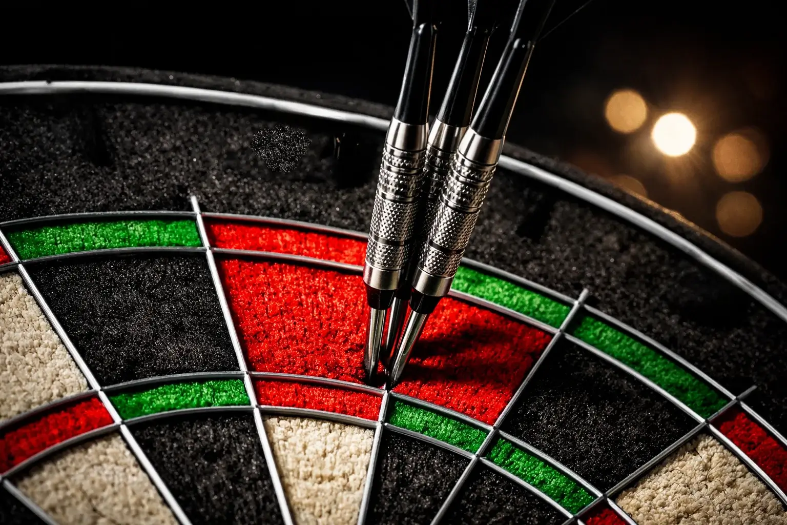 Close-up van dartbord met drie pijlen in triple 20 voor een 180 score