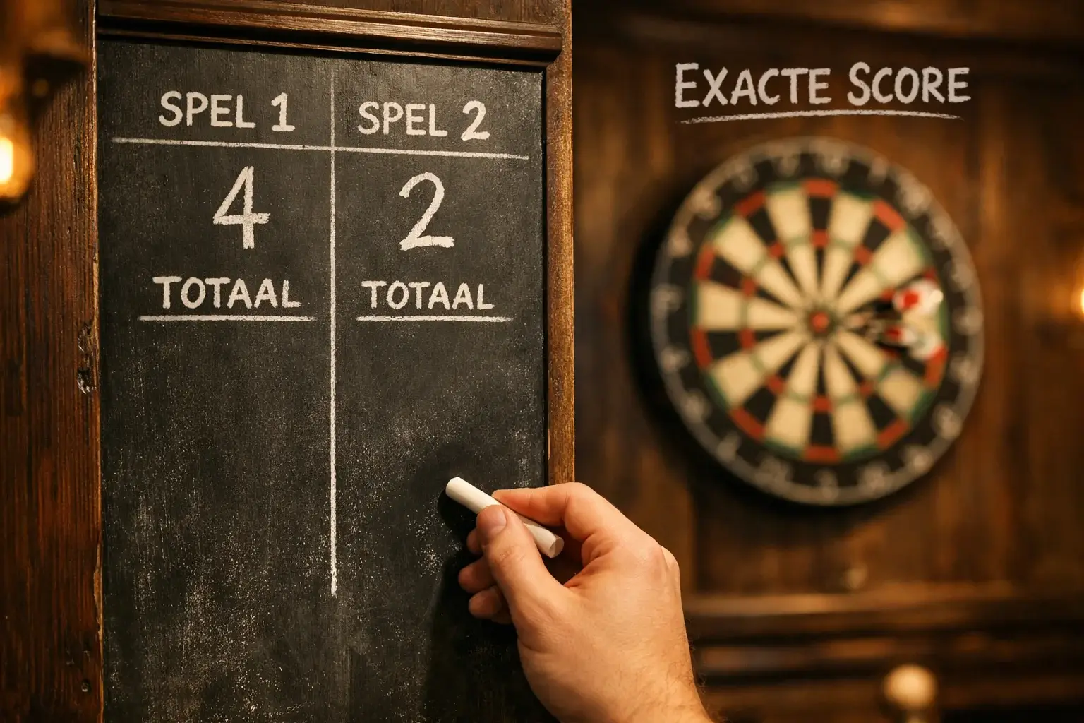 Darts scorebord met leg-stand en dartbord op achtergrond