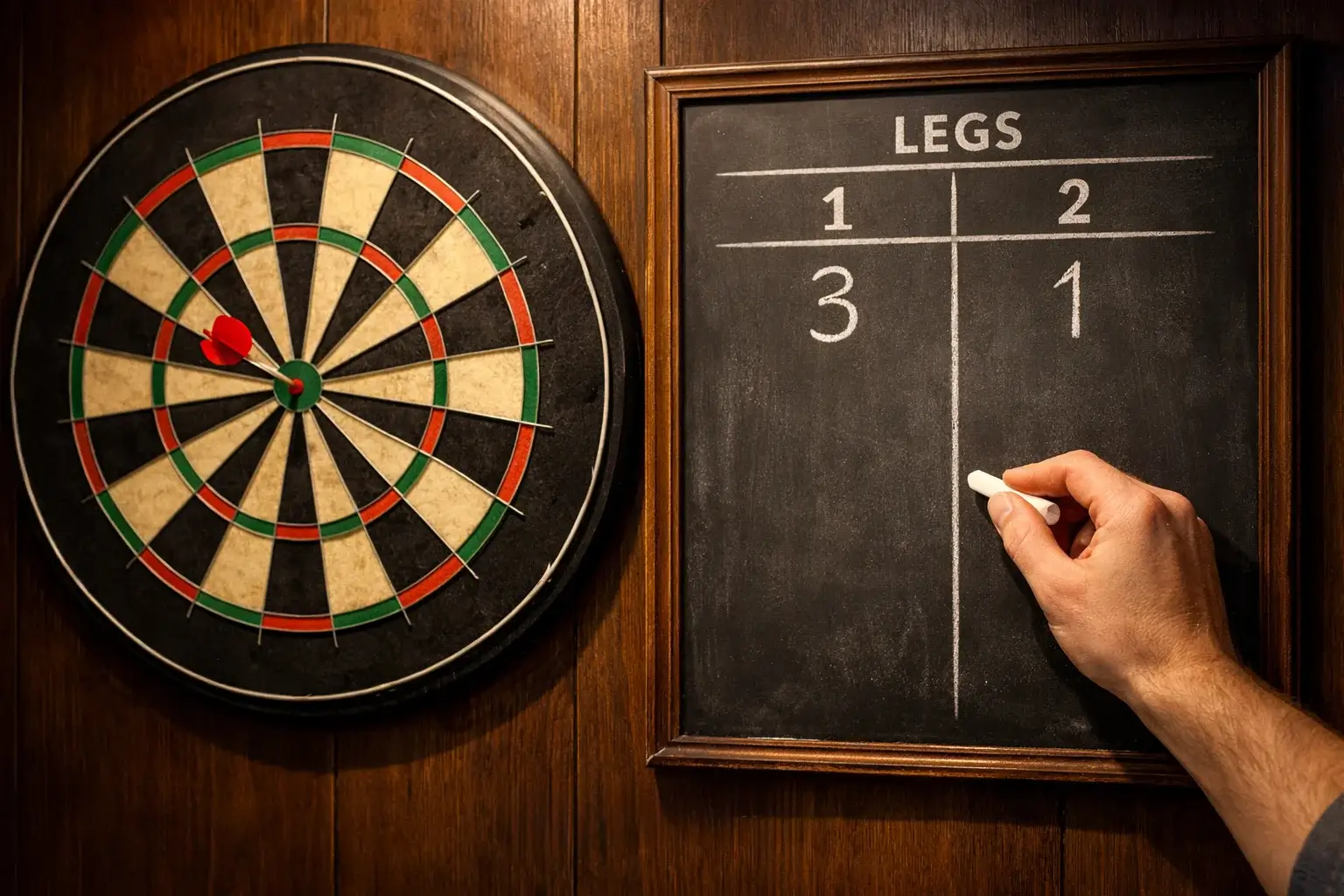 Dartbord met scorebord dat leg-voorsprong toont bij handicap wedden