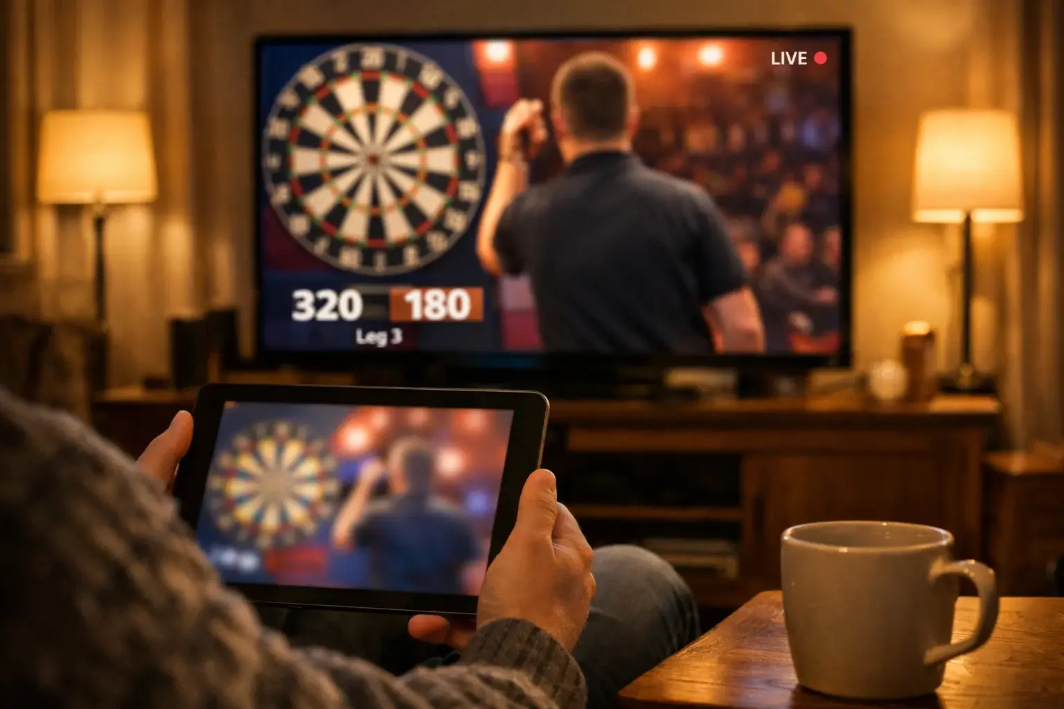 Persoon kijkt darts livestream op tablet met dartbord op televisie