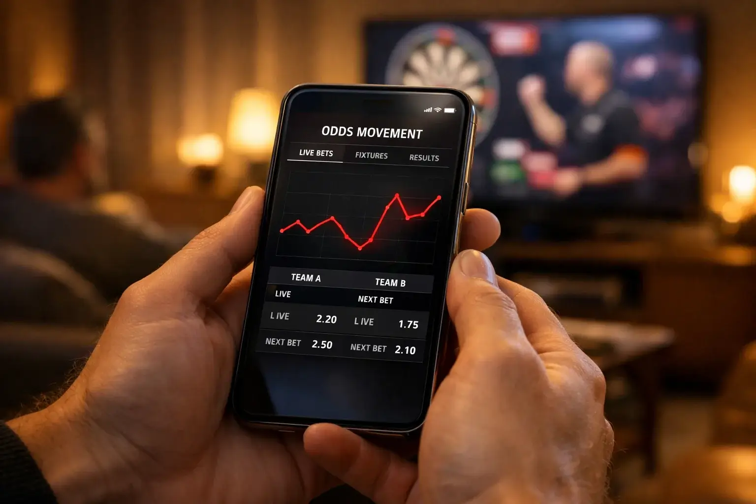Smartphone toont fluctuerende darts odds tijdens live wedstrijd met grafiek