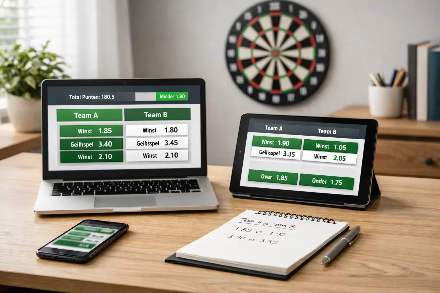 Meerdere schermen met darts quoteringen naast dartbord