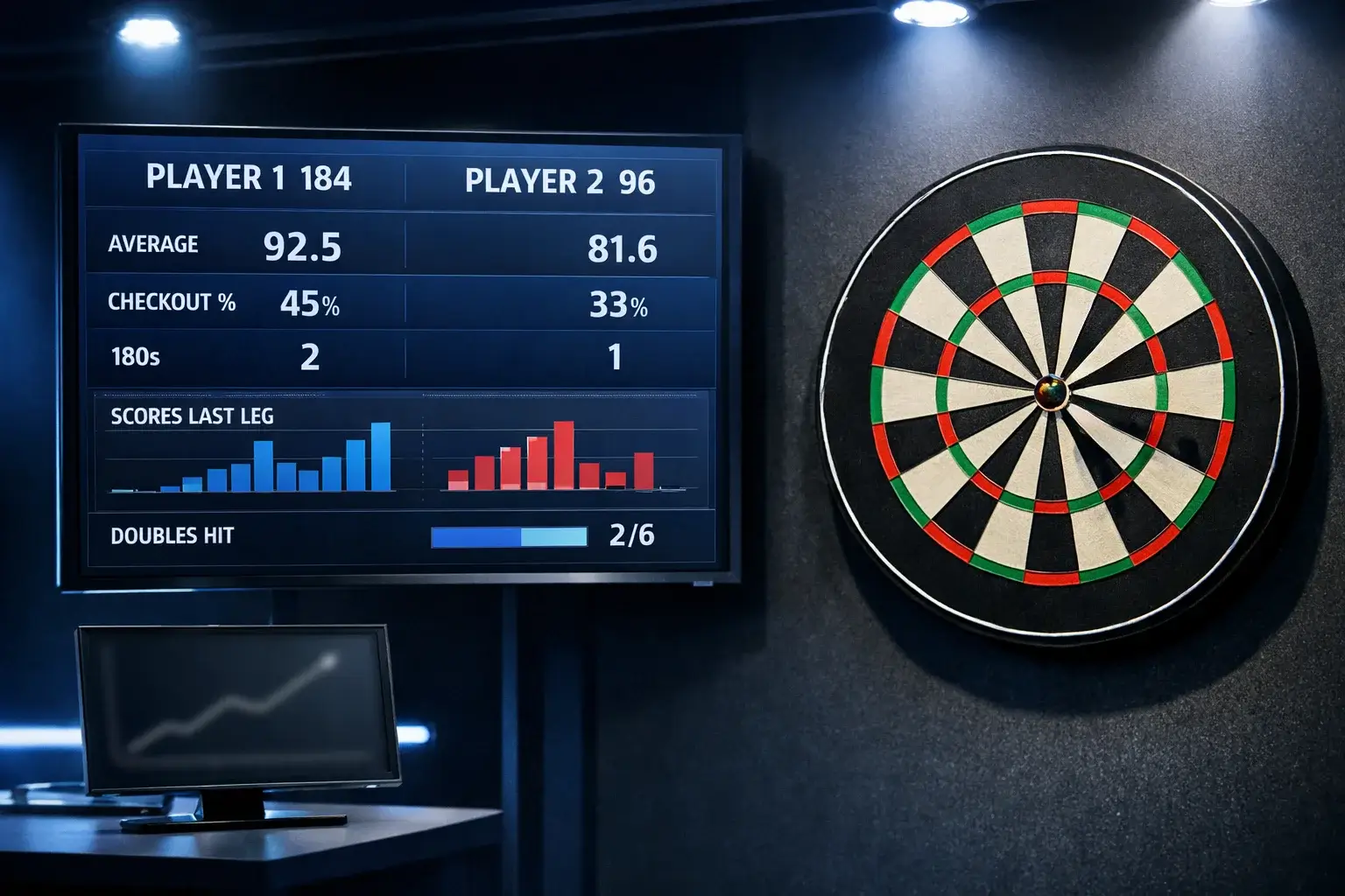 Dartbord met statistieken scorebord en three-dart average display