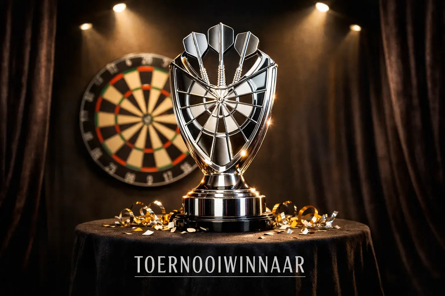 Darts toernooi trofee met dartbord en podium verlichting