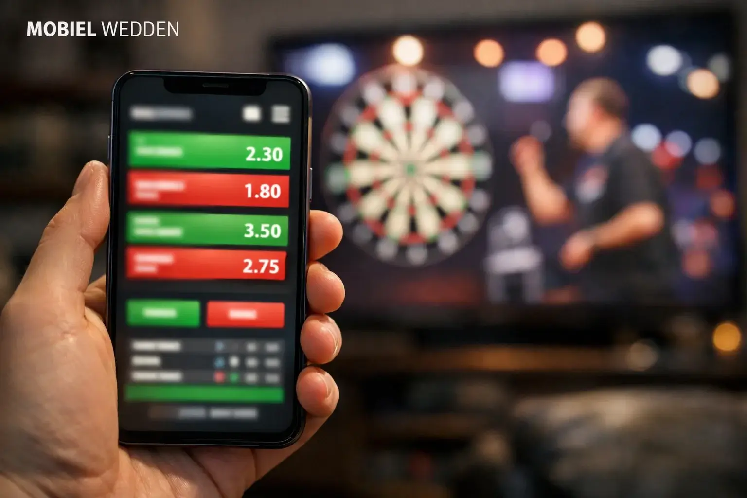 Smartphone met darts betting app en dartbord op achtergrond