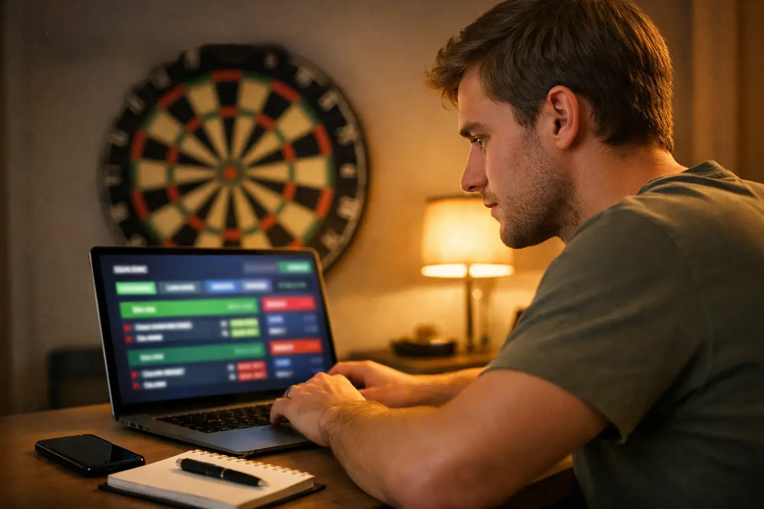 Beginner opent darts wedden account op laptop met dartbord op achtergrond
