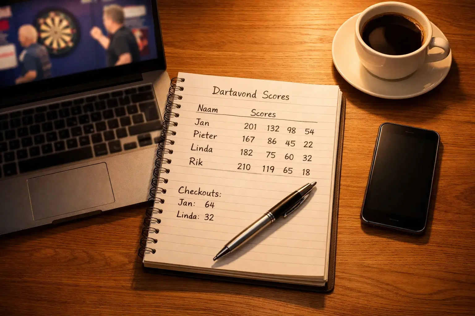 Notitieboek met darts wedstrategie en statistieken naast laptop