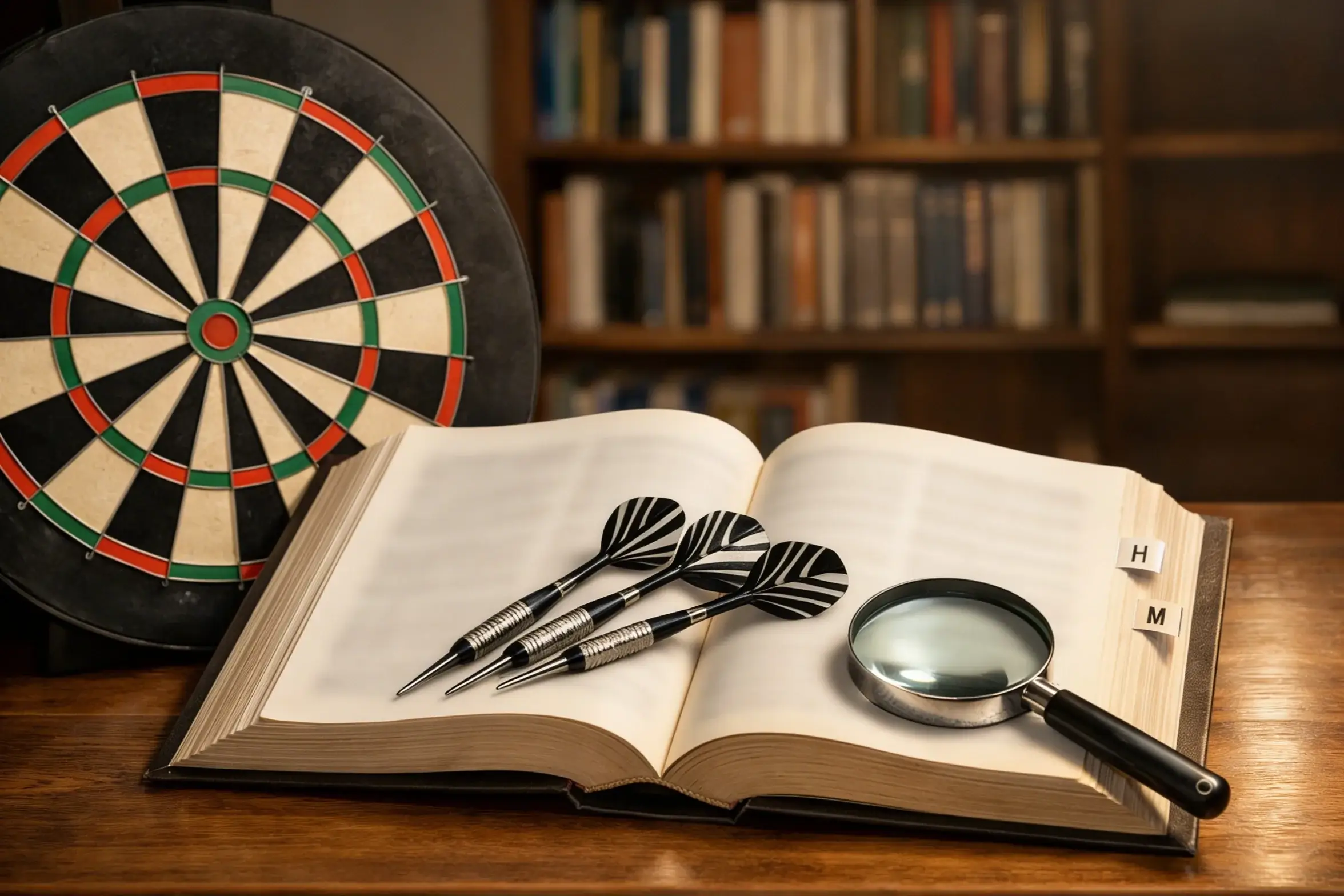 Dartbord met woordenboek en termen als naslagwerk voor darts betting