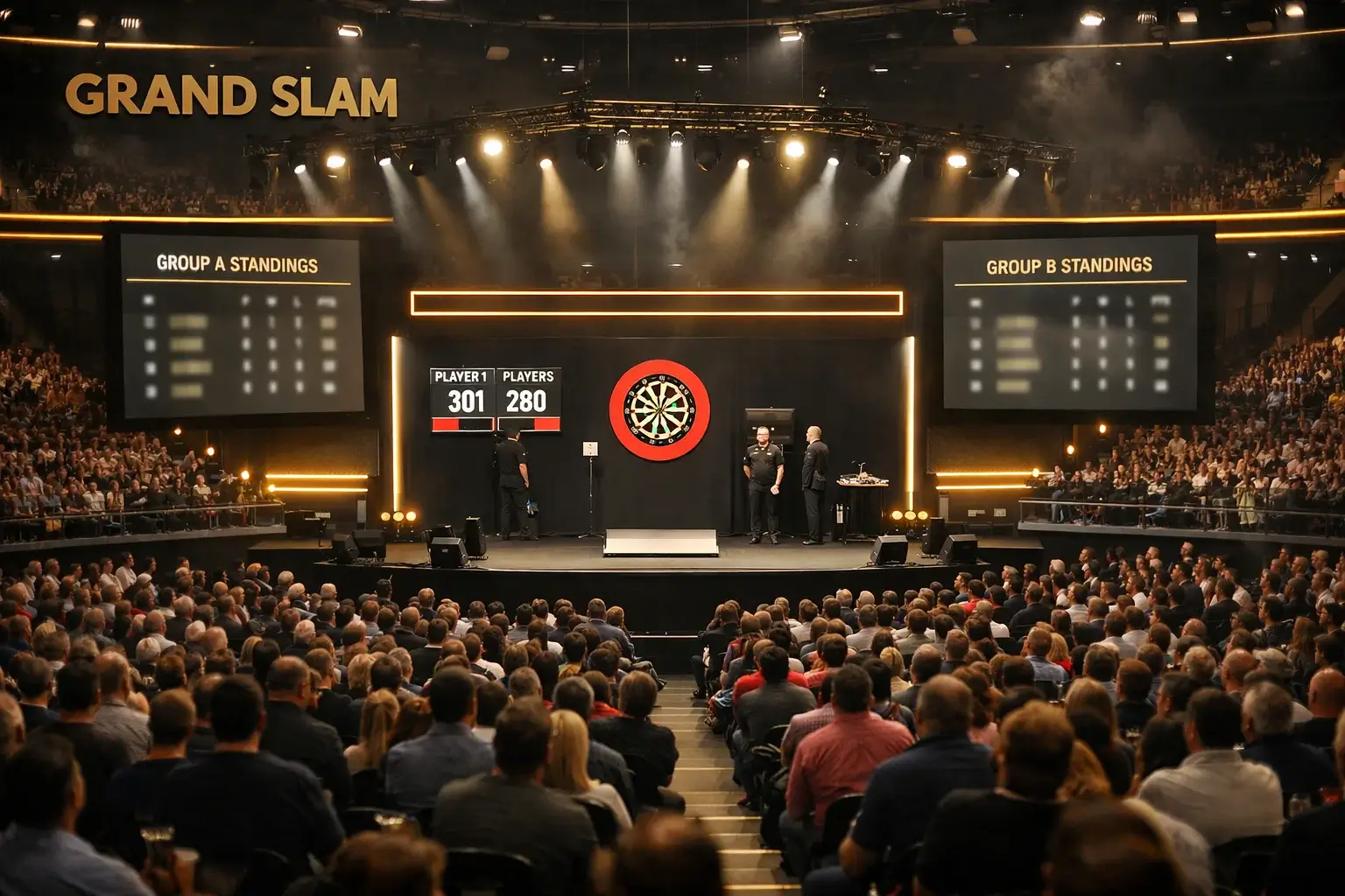 Grand Slam of Darts podium in Wolverhampton met groepsfase sfeer