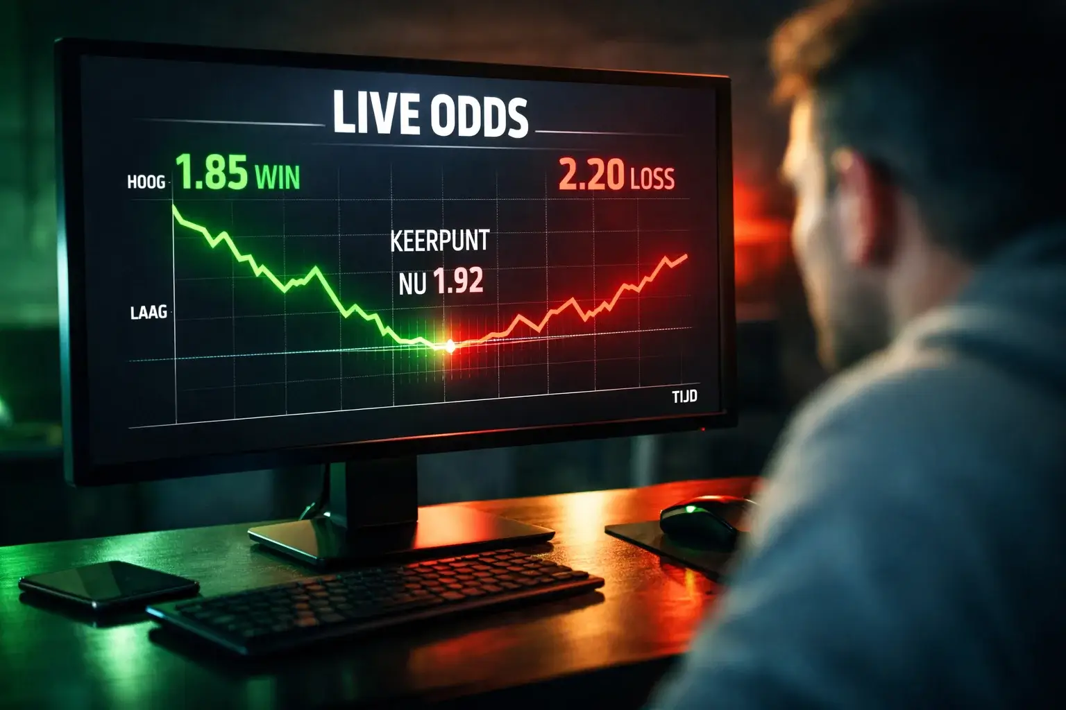 Scherm met veranderende darts odds naast dartbord tijdens live wedstrijd