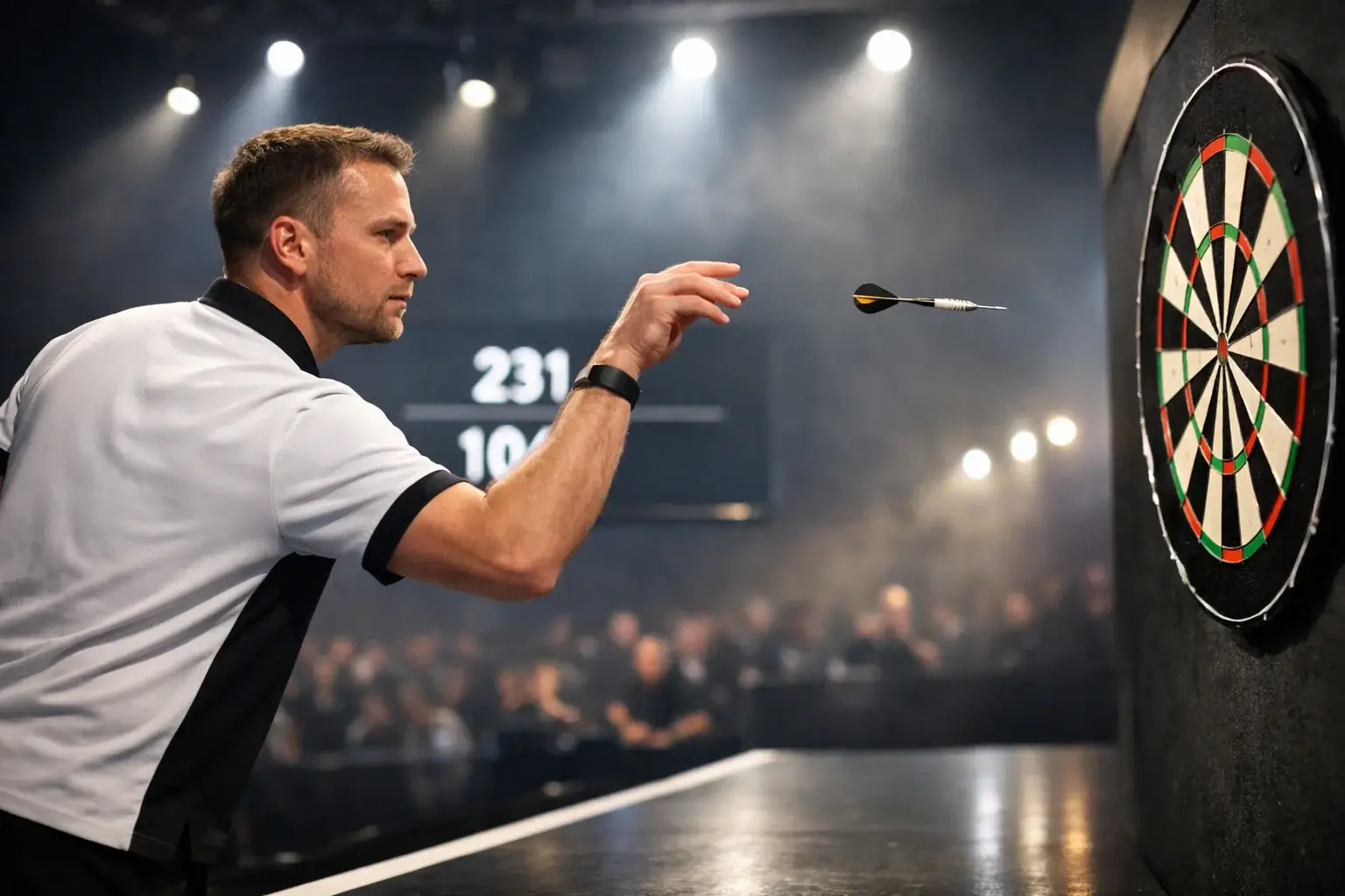 Professionele darter gooit pijl naar dartbord tijdens live wedstrijd met scorebord op achtergrond