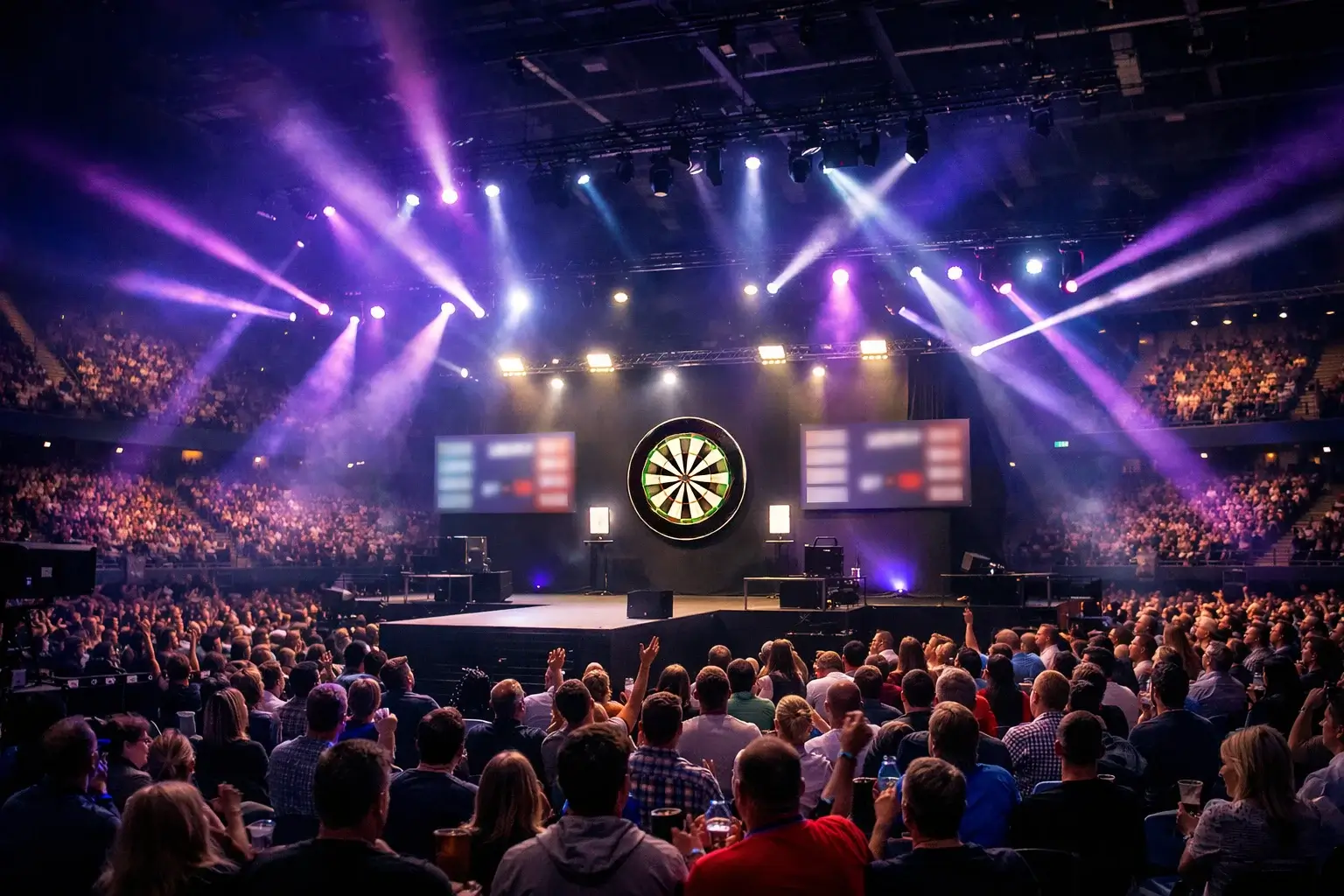 Premier League Darts arena met verlicht podium en enthousiast publiek