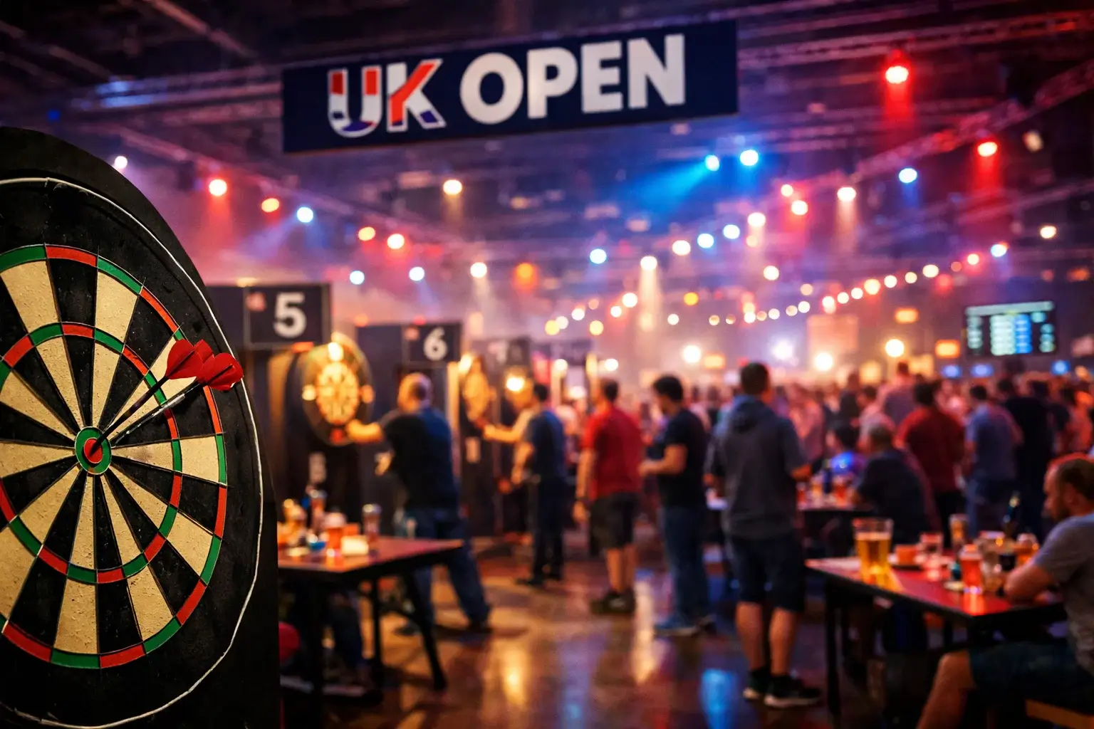UK Open Darts podium met open loting sfeer in Minehead