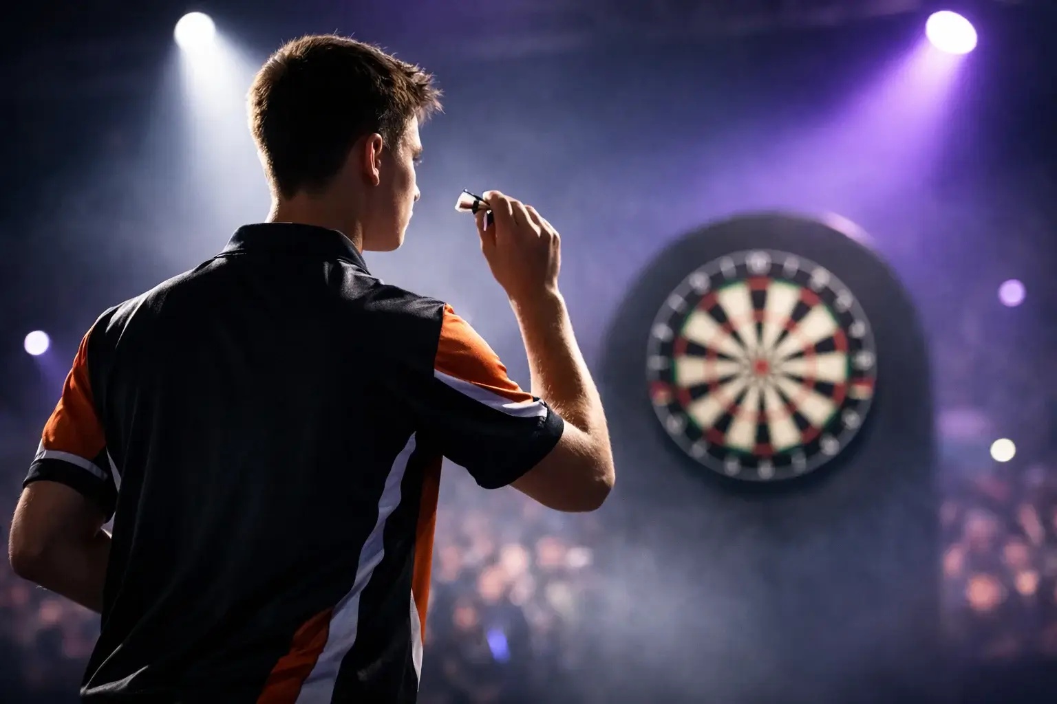 Persoon analyseert darts statistieken met notitieblok naast dartbord