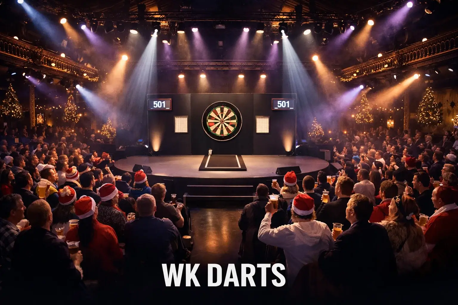 WK Darts podium in Alexandra Palace met feestend publiek en dartbord